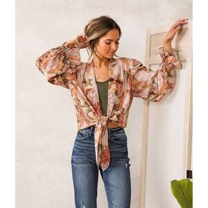 A. Peach Paisley Textured Top Womens L Blush Boho Bohemian Hippie Festival NWT